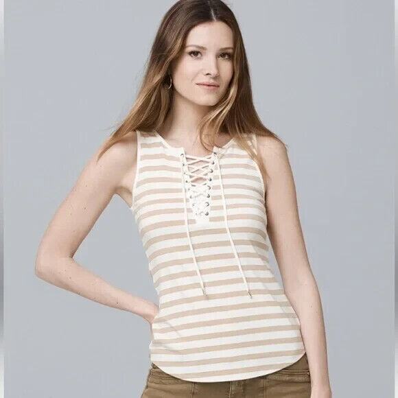 White House Black Market Tank Top Women 2XS XXS Striped Crew Neck Lace Up Front - Picture 11 of 13